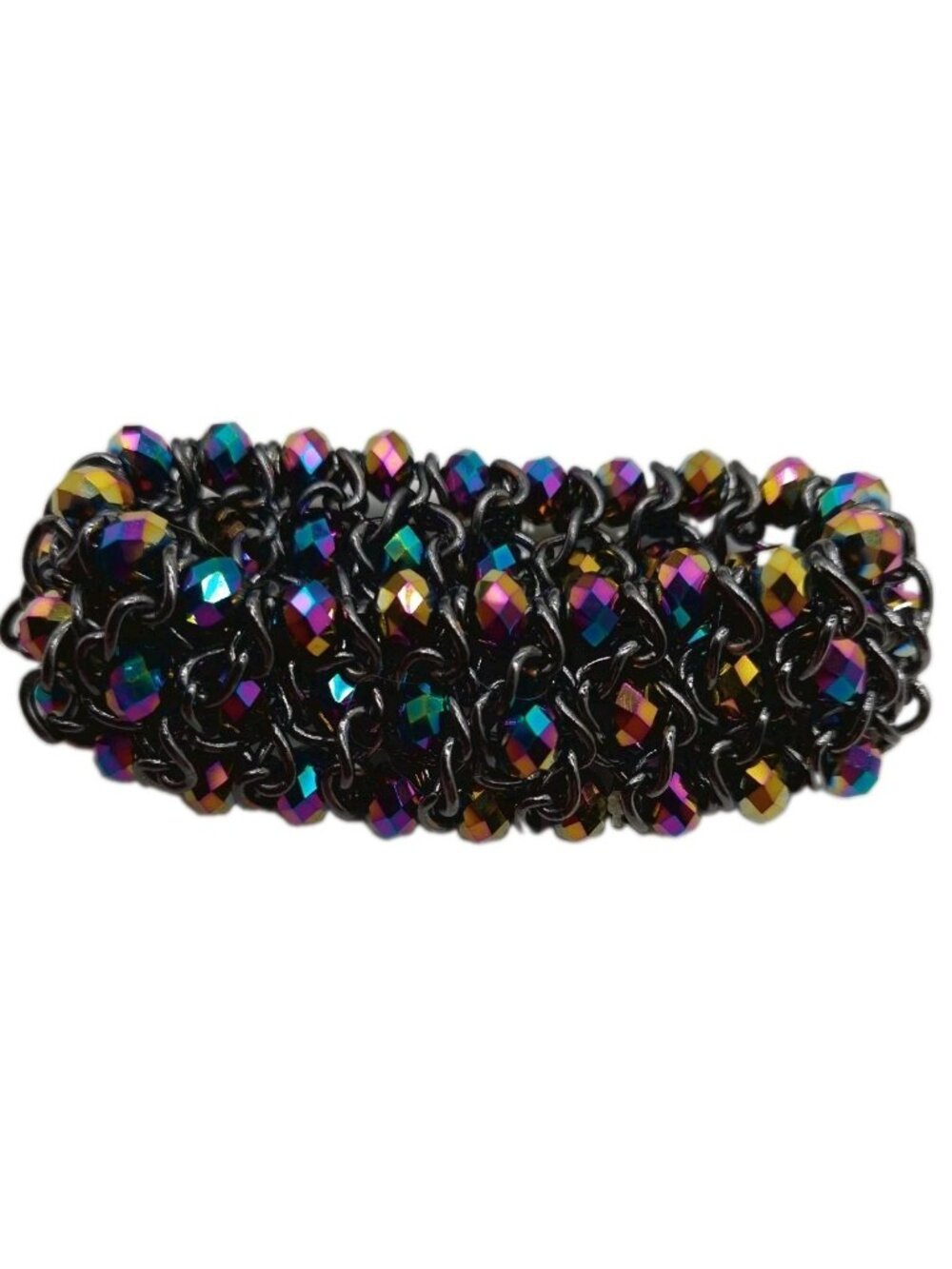 Dark Crystal Stretch Bracelet Faceted Hematite Gunmetal Beads 7" Rainbow